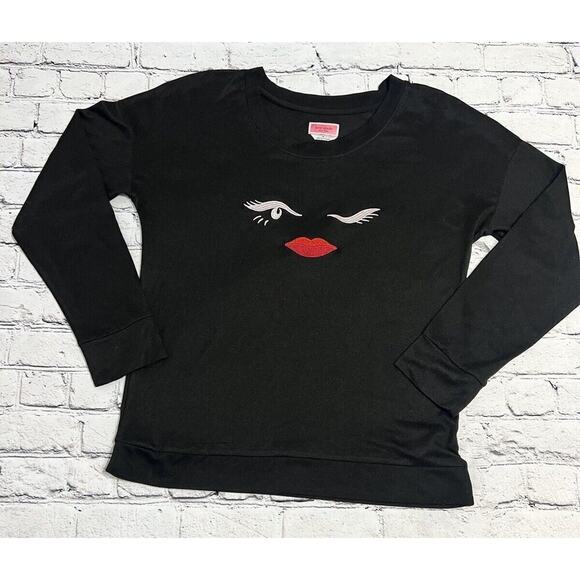 Kate Spade New York Eye Wink Red Lips Lounge Top Black‎ Poly Blend Long Sleeve M - Picture 2 of 5